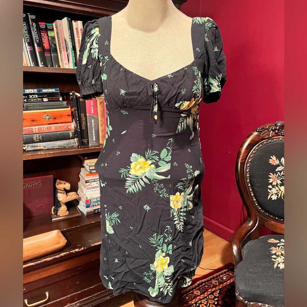 Urban Outfitters Yellow Floral Black Cassia Puff Sleeve Dress Size M